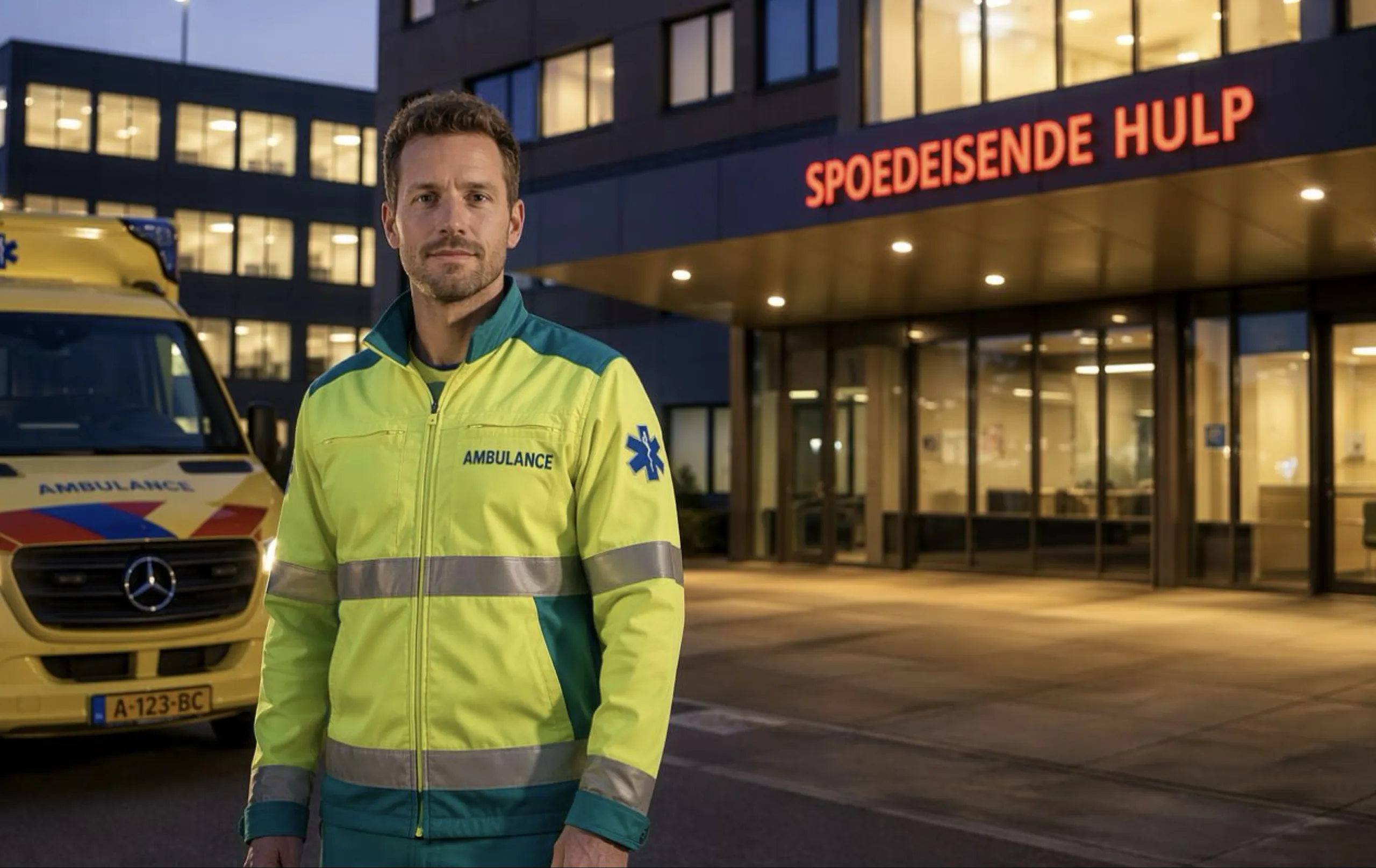 De spoedeisende hulp afdeling van een ziekenhuis met op de voorgrond een ambulanceboeder en zijn ziekenwagen.